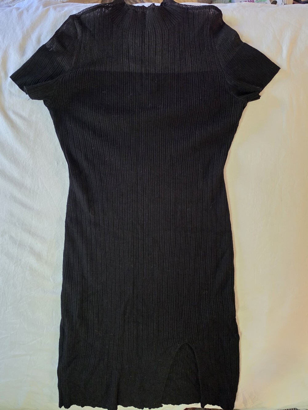 Almost Famous Black Ribbed Midi Dress Sheer Mesh Mock Neck High Slit L